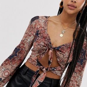 long sleeved top with tie front in paisley